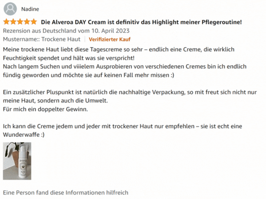 5* Rezension Amazon zu Alveroa Gesichtspflege